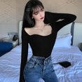 thumbnail image 4 of Mode Femmes Solide Col Carré Sexy Slim Sweat à Manches Longues Tops, 4 of 6