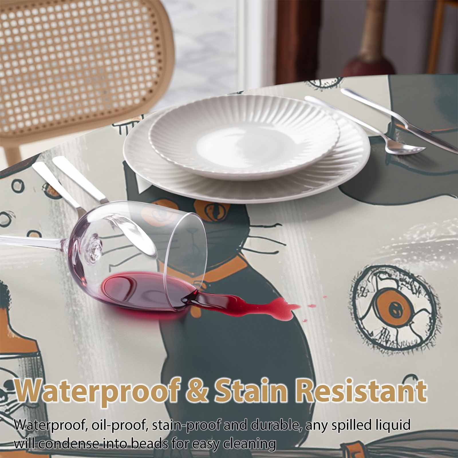 Round Tablecloth Vintage Halloween Pattern Waterproof Oil Proof Polyester Table Cloth Cover Decor for Home Dining Outdoor,Patio,Parties, 54" Dia. Pumpkin Witch Hat Black Cat