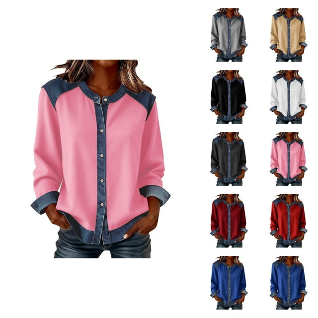 Womens Long Sleeve Tops 2026 Spring Fashionable Crewneck Button Down Denim Patchwork Casual Shirt Blouse Top