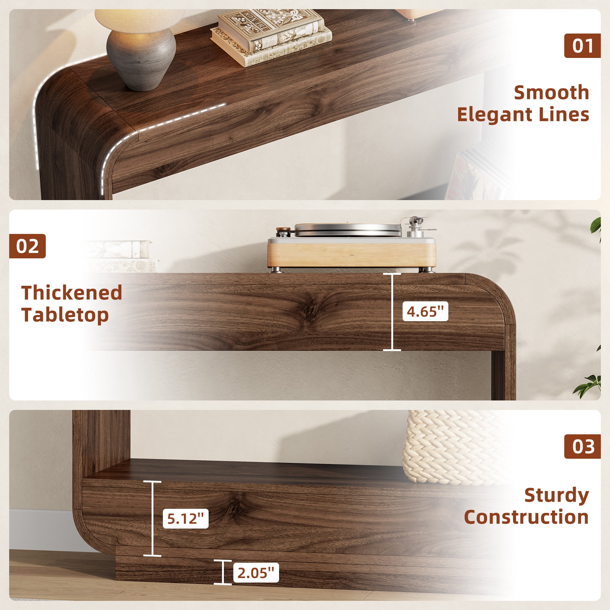 Aufeile 43" Entryway Table, Curved Console Table for Entryway, 2-Tier Wood Sofa Table with Open Storage Shelves Behind the Couch, Narrow Entry Table for Hallway Entrance Foyer, Walnut