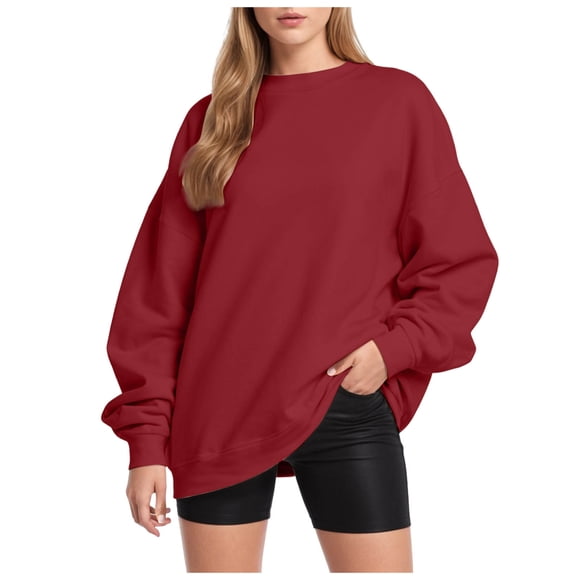 Splozh Sweatshirt for Women Crewneck Women Fall and Winter Casual Fashion Solid Color Round Neck Long Sleeve Pullover Basic Sweatshirt Wine,XL