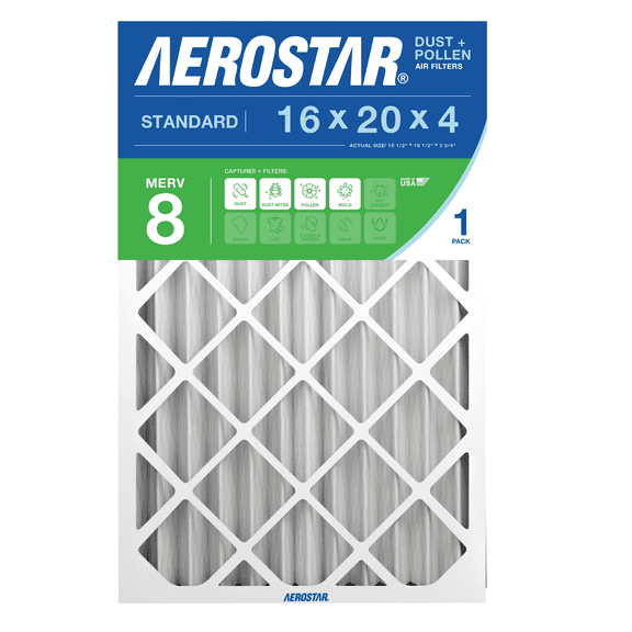 Aerostar 16x20x4 MERV 8 Air Filter, Pleated AC Furnace HVAC, Dust Pollen Pet Dander, 1 Pack