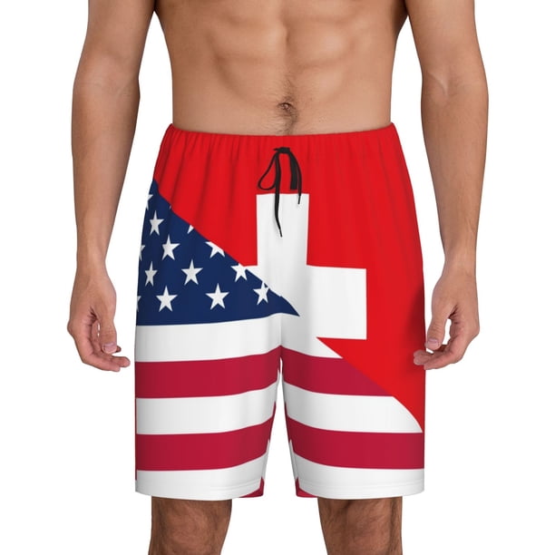 Balery USA Switzerland Pantalones cortos de pijama de punto de algodón para hombre con cinturilla y bolsillos-Medium