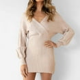 thumbnail image 2 of qolati Sweater Dresses for Women 2024 Fall Long Sleeve Wrap V Neck Knitted Mini Dress Casual Bodycon Business Work Tunic Dress, 2 of 7