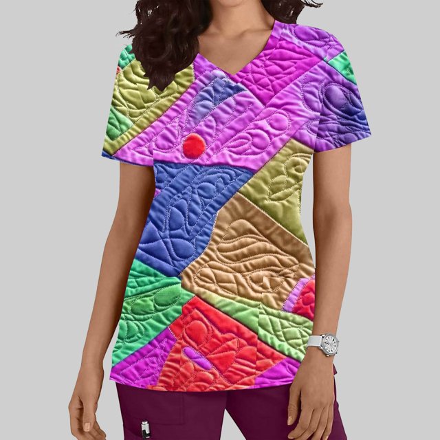 Lydiaunistar Robe d'Infirmière Décontractée de Printemps pour Femmes Grande Taille Col en V Manches Courtes Imprimée avec Poche Haut Confortable Extensible Violet