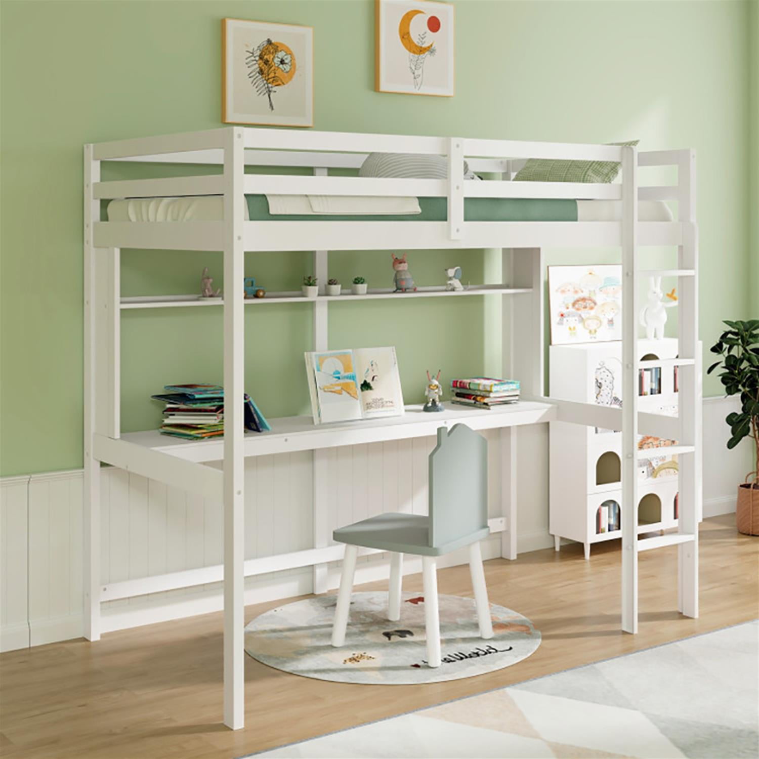 Demi Bonn Loft Bed Twin Size, Solid Wood Low Loft Bed with Guard Rail and Ladder, Modern Wooden Loft Bunk Bed Frame, White