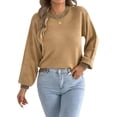 thumbnail image 2 of Women Casual Knit Crew Neck Contrast Striped Lantern Long Sleeve Loose Knit Pullover Sweater Khaki M, 2 of 9