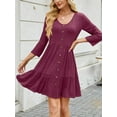 thumbnail image 3 of Fancyglim Womens Dress V Neck Rolled Long Sleeve Button Casual Ruffle Aline Swing Dresses Burgundy M, 3 of 6