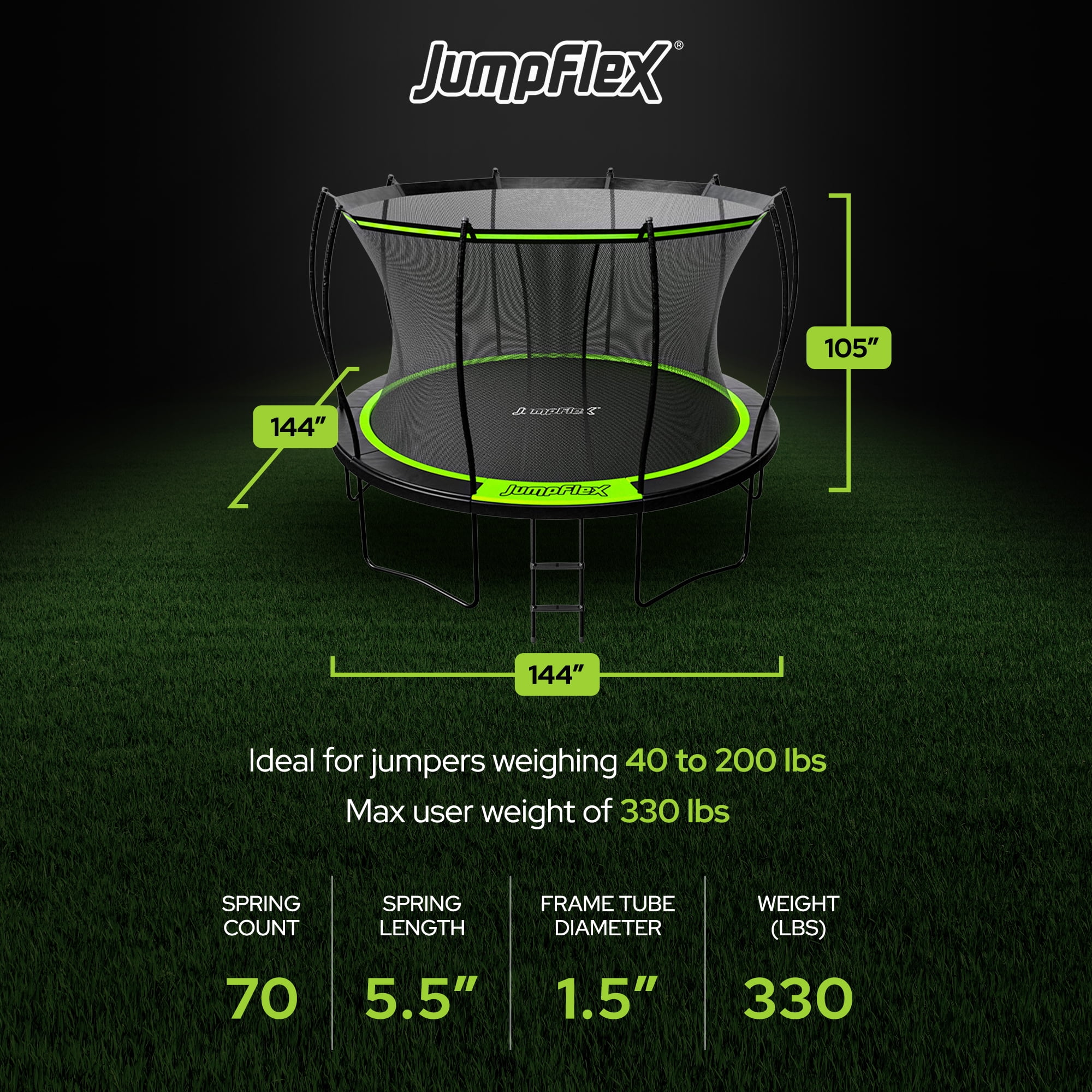 Jumpflex FLEX 12' Round Trampoline, Outdoor Play Equipment with PROJAM Basketball Hoop