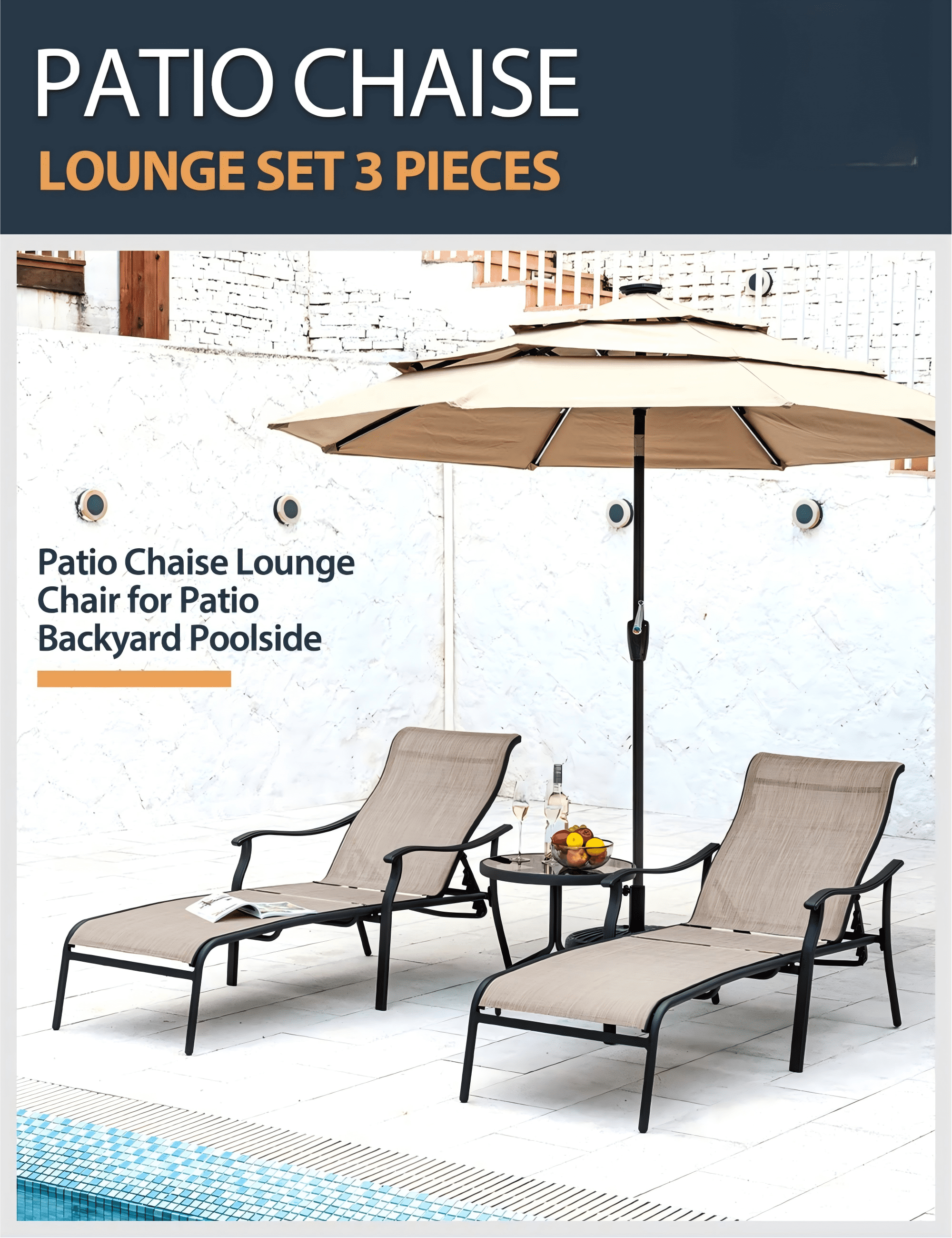 Patio Chaise Lounge Set 3 Piece Outdoor Lounge Chairs with Table Adjustable Pool Lounge Chair Textilene Fabric for Patio Backyard Poolside, Brown