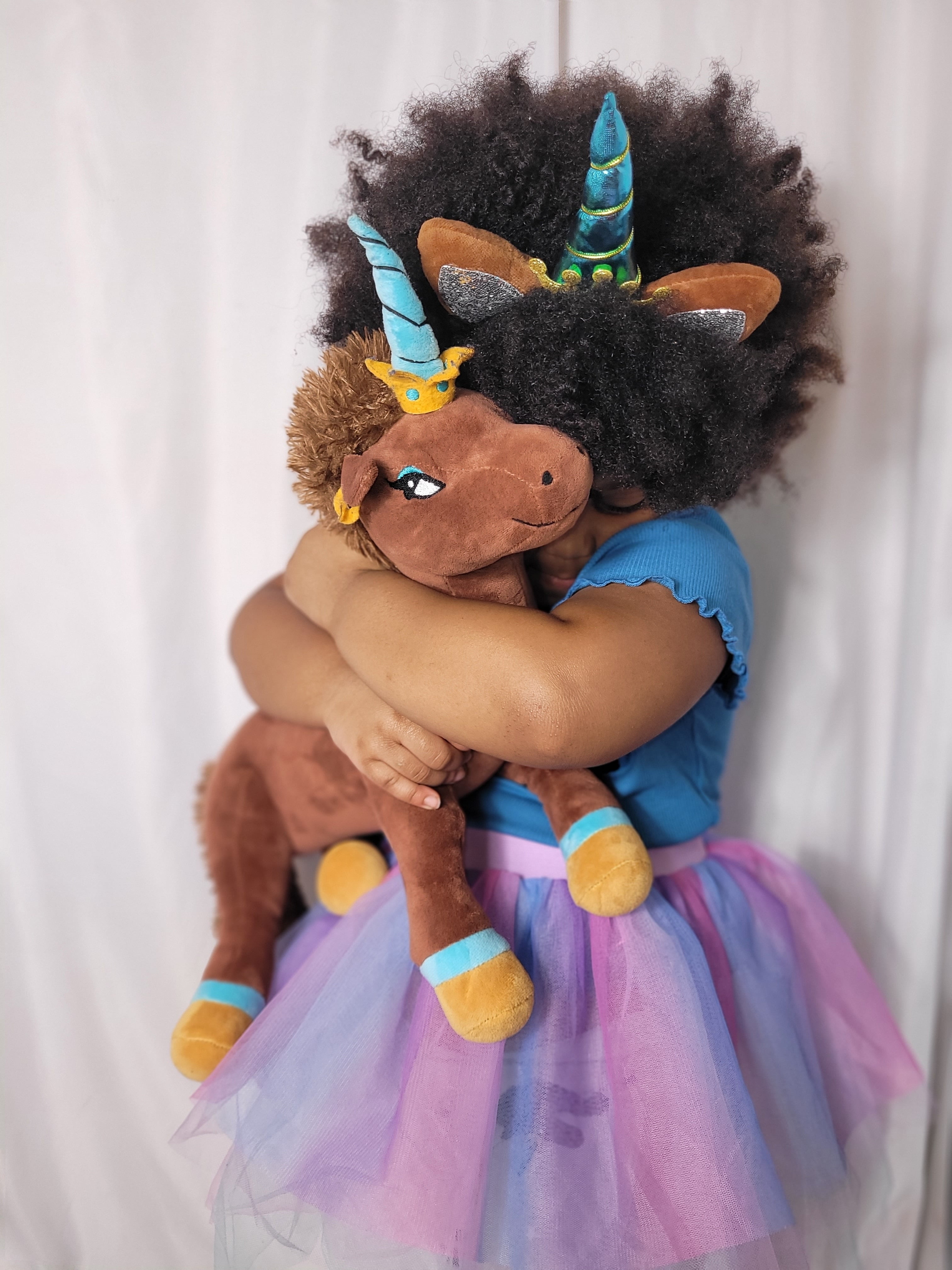 Afro Unicorn Plush Animal for Any Age in Brown with Soft Gold and Blue Trim