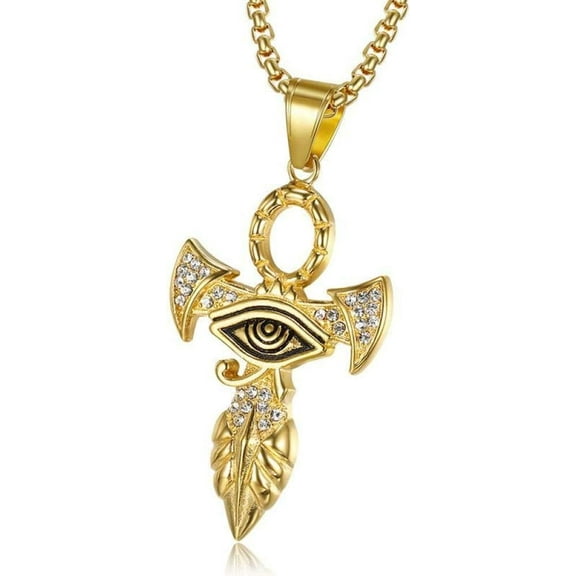 Egyptian Ankh Cross Pendant Necklace For Women/Men Gold Color Stainless Steel Eye Of Horus Necklace Iced Out Egypt Jewelry