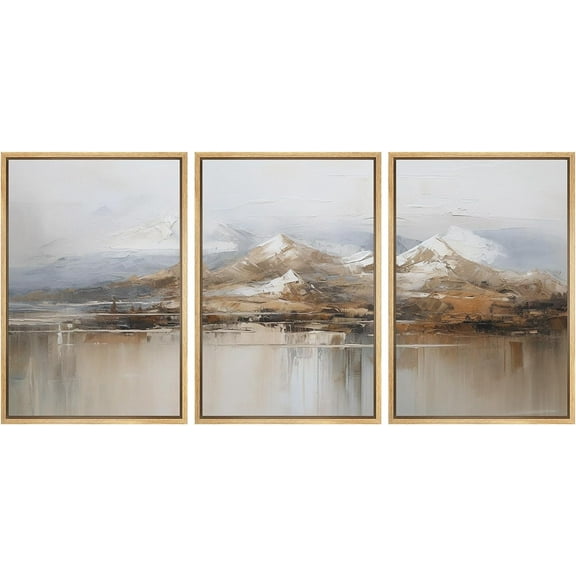 PixonSign Framed Canvas Print Wall Art Set Winter Autumn Watercolor Pastel Mountain Range Nature Wilderness Illustrations Modern Art Decorative Rustic Relax/Calm Colorful - 16"x24"x3 Natural