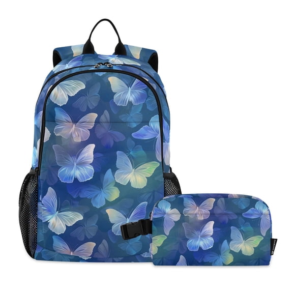 ALAZA Butterfly Shiny Blue School Backpack Lunch Box Set Student Bookbag
