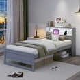 thumbnail image 2 of Gymax Twin Size Wooden Bed Frame w/ Charging Station & LED Light Storage Headboard Gray, 2 of 10