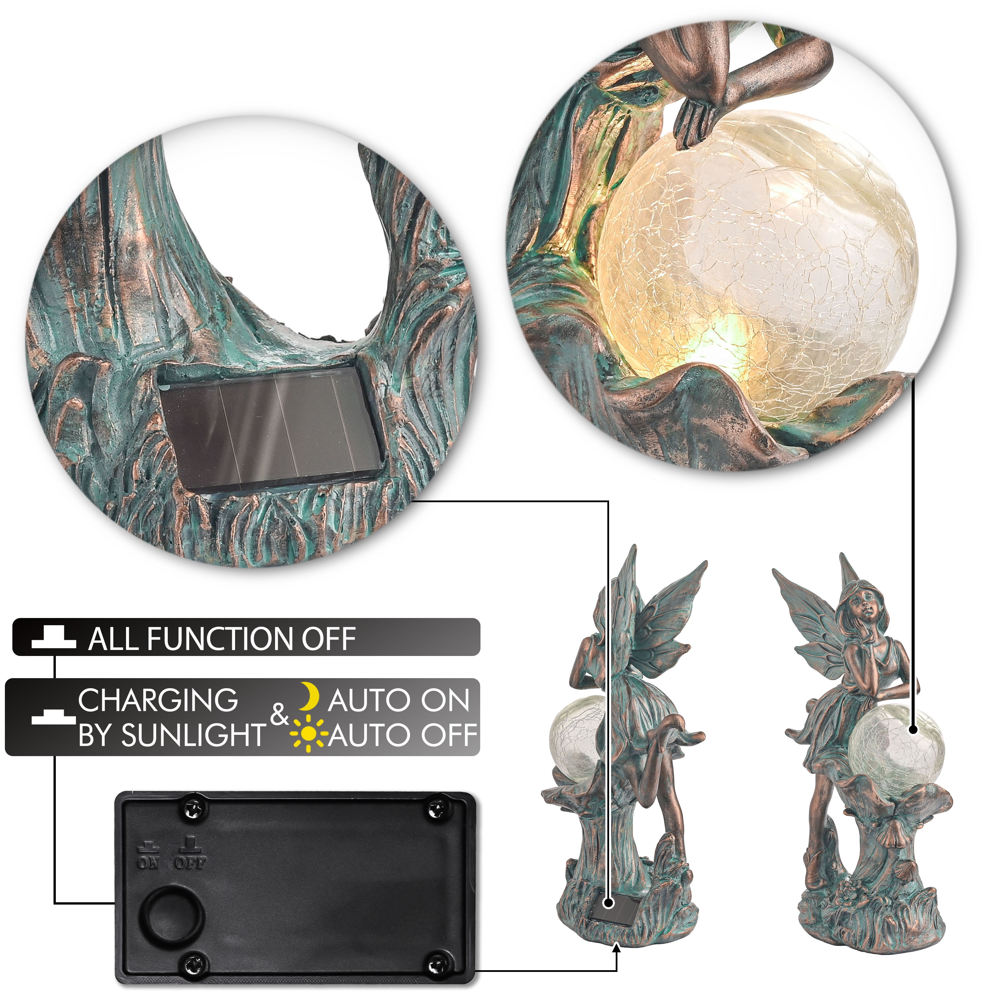 TERESA'S COLLECTIONS 12.4" Fairy Garden Statue with Solar Light, Patina Bronze Resin Sculpture with Crackle Glass