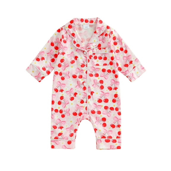 JYYYBF Baby Girl Summer Romper Long Sleeve Lapel Collar Bow Cherry Print Jumpsuit Infant Pajamas