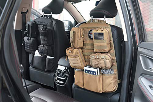 Tactical Molle Waterproof Nylon Panel Vehicle Seat Cover Protector Pad with 3 Storage Pockets and 1 USA Flag Patch IronSeals Car Seat Back Organizer 