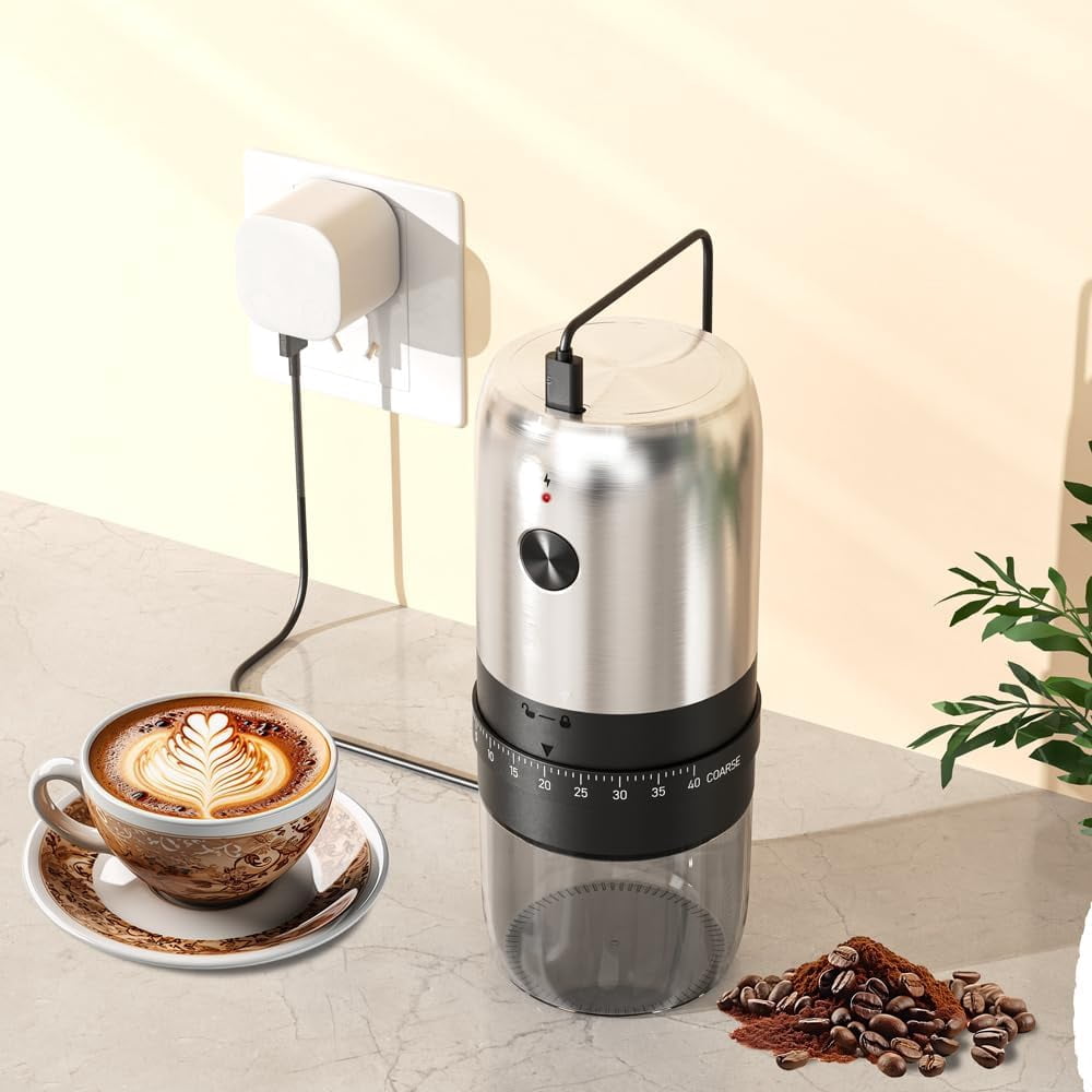Portable Electric Coffee Grinder,Mini Coffee Bean Grinder,1800mAh Rechargeable Coffee Bean Grinder,Adjustable Coarseness,25g Capacity,Ceramic Cone for Travel,Camping,Office,etc(Stainless Steel)