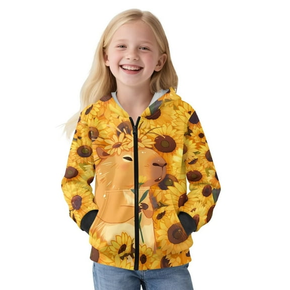 KUIFORTI Sunflower Capybara Girls Oversized Hoodie Sweatshirt 6-7 Fleece-Lined Outwear with Pockets Cozy Soft Hooded Coat Casual Outerwear for Outdoor Activity