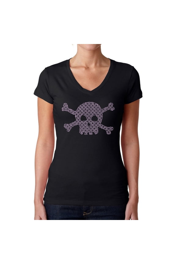 Women's Word Art V-Neck T-Shirt - XOXO Skull