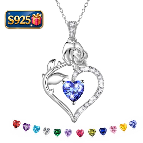 Beautlace 925 Sterling Silver Birthstone Necklace Rose Flower Heart Pendant Jewelry Christmas Valentines Mother's Day Gifts for Women Mom Wife/Lover