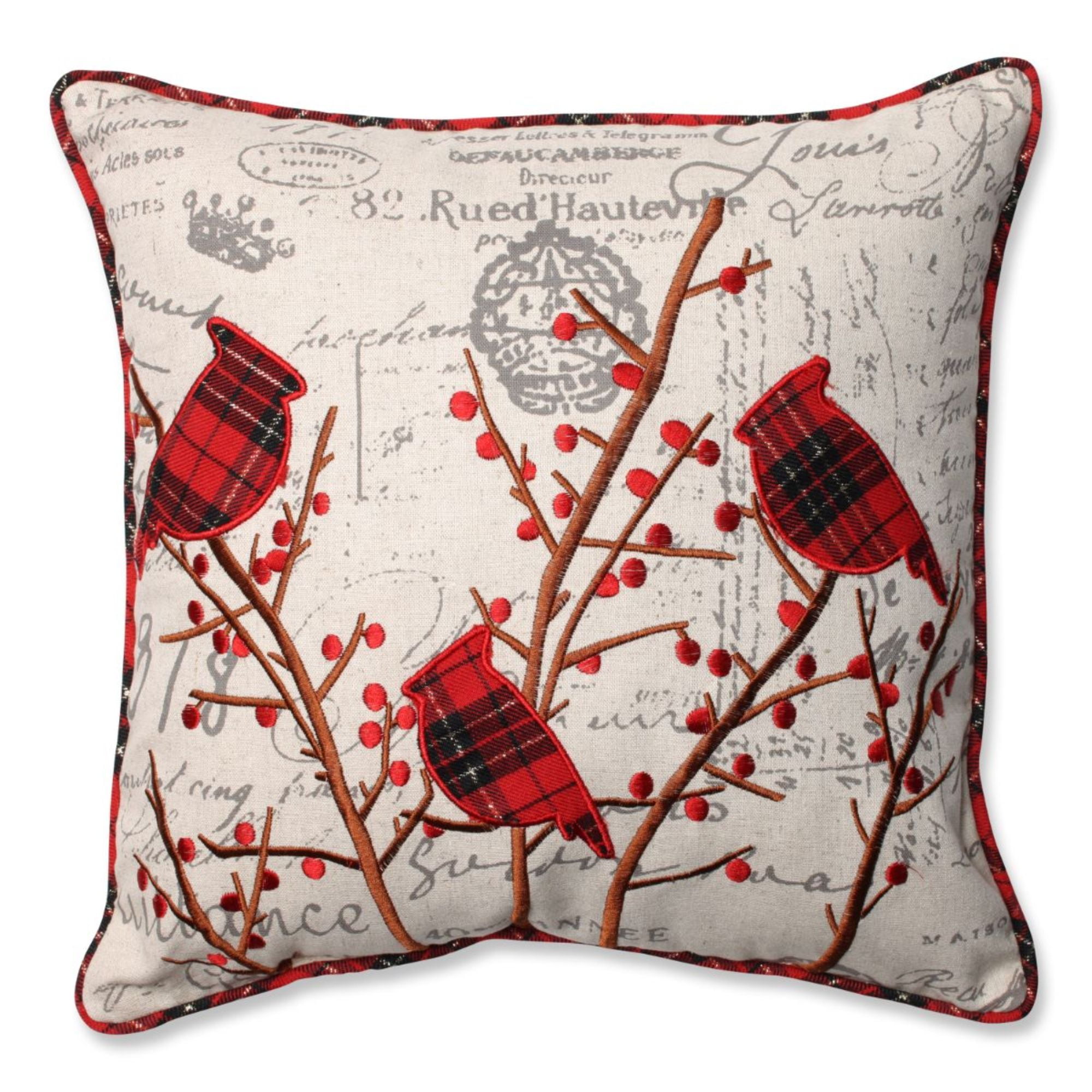 16.5" Red and Beige Plaid Birds Square Throw Pillow