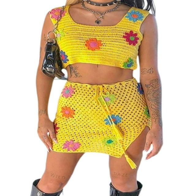 EIMELI Women Two-Piece Clothes Set Floral Sleeveless Crop Tops And Knitted Skirt