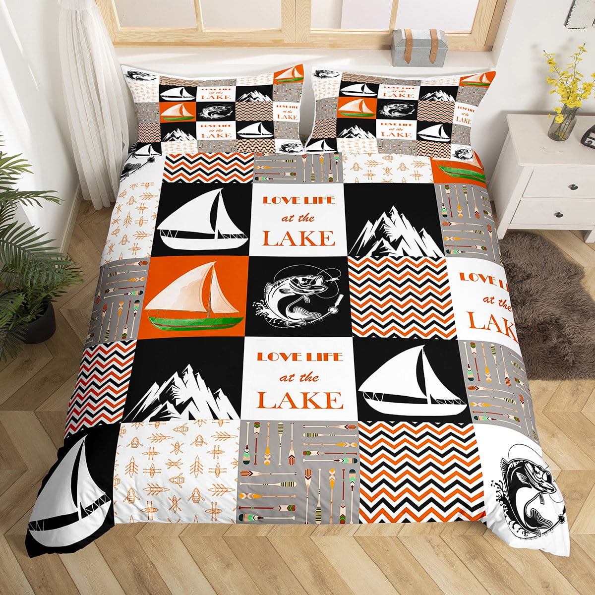 YST Lake House Decor Bedding Set, Retro Sailboat Duvet Cover Queen