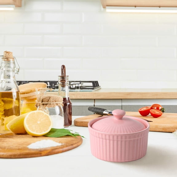 Linnome Ceramic Souffle Ramekin with Lid Oven Safe for Baking Creme Brulee Custard Individual Dessert Serving Dish Home Kitchen