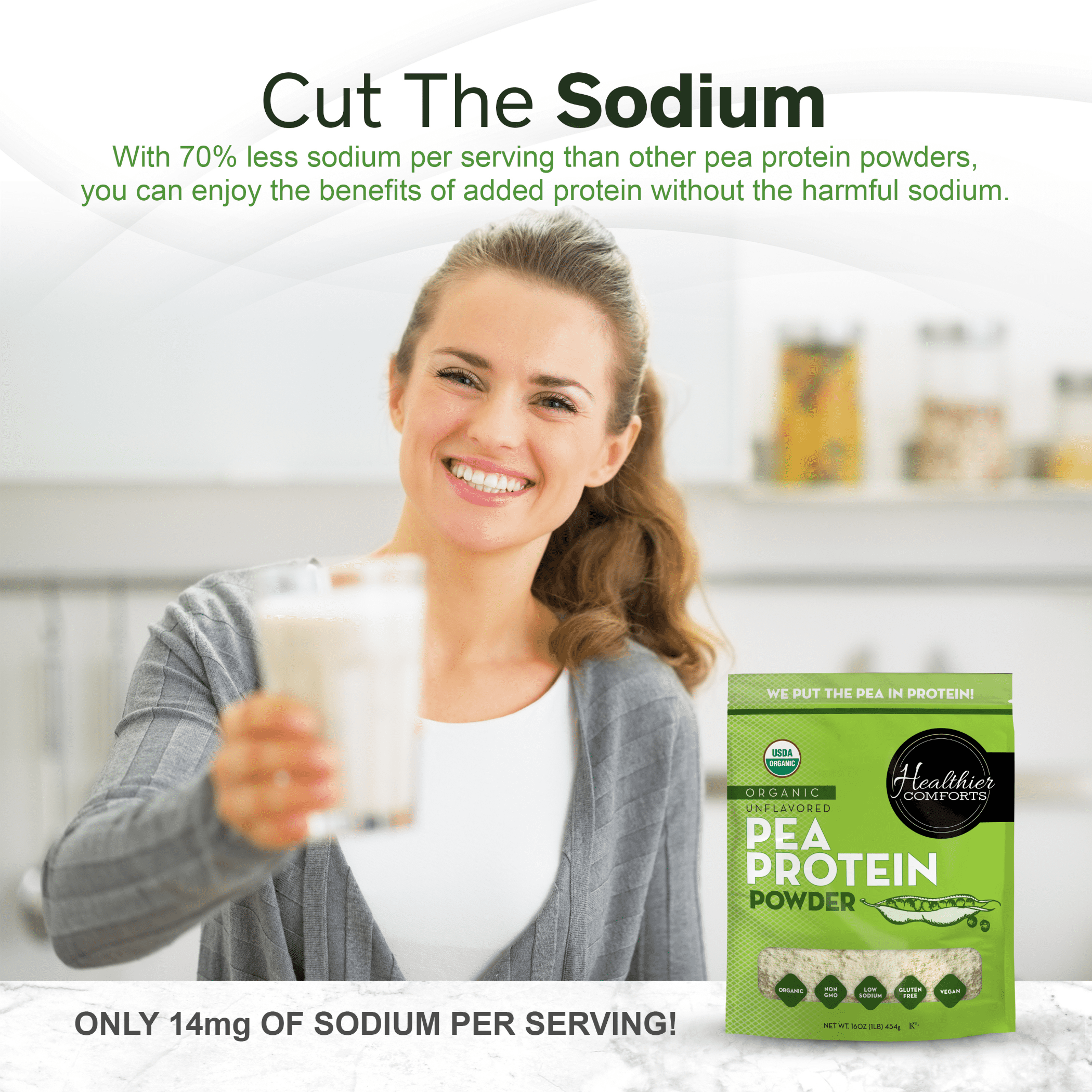 Healthier Comforts Organic Pea Protein Powder 16oz | Low Sodium, 100% Plant Based Protein Powder | Kosher, Gluten Free, Non-GMO, Keto Friendly | Unflavored Protein