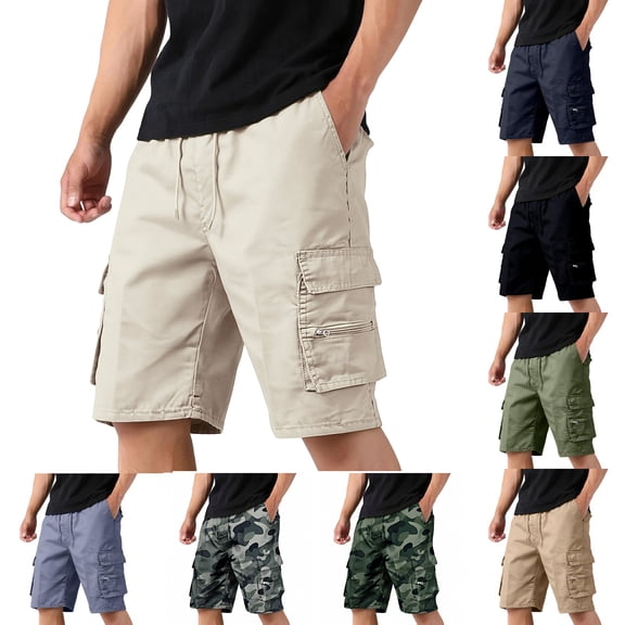 Mens Cargo Shorts Elastic Waist Drawstring Shorts Relaxed Fit Casual Summer Hiking Shorts with Multi Pockets Black 3XL