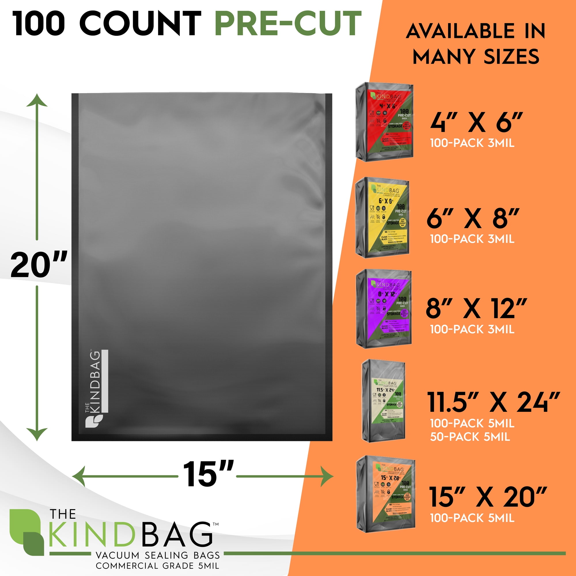 The Kind Bag Vacuum Seal Bags for Food; Food Grade, BPA Free & Freezer  Safe; Airtight, Odor Free and Moisture Free; Commercial Grade 3mil Clear 