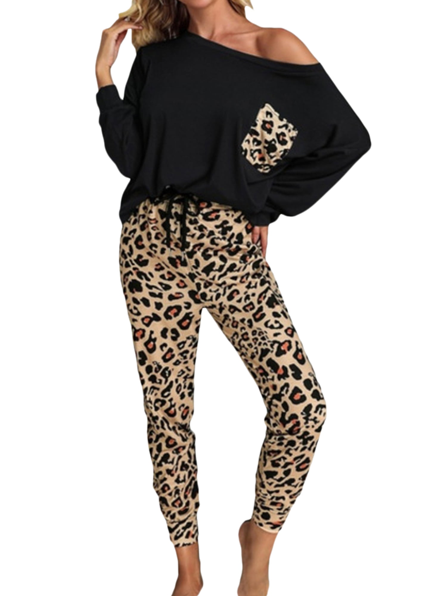 Womens Leopard Lounge Wear Tracksuit One Shoulder Blouse Tops Pants ...