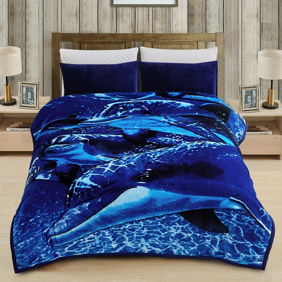 JML Soft Plush Fleece Blanket for Bed Queen 75"x87" 5lb,2 Ply Raschel Blanket Lion&Dolphin