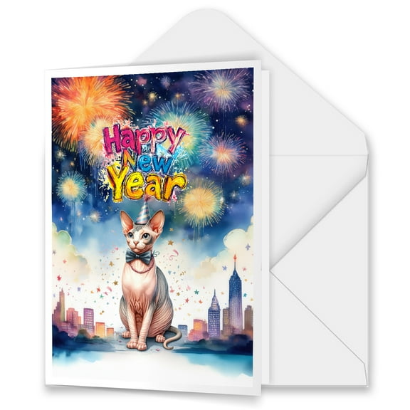 Happy New Year with Sphynx Fireworks Holiday Xmas Winter 2025 5x7in Folded Greeting Card Cat Lover Kitten Owner Gifts Idea Single Note Card with Envelope - 00025