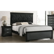 3Pc Black Finish Full Size Panel Upholstered Button Tufted Headboard Bed Nightstand Set Wooden Bedroom Furniture