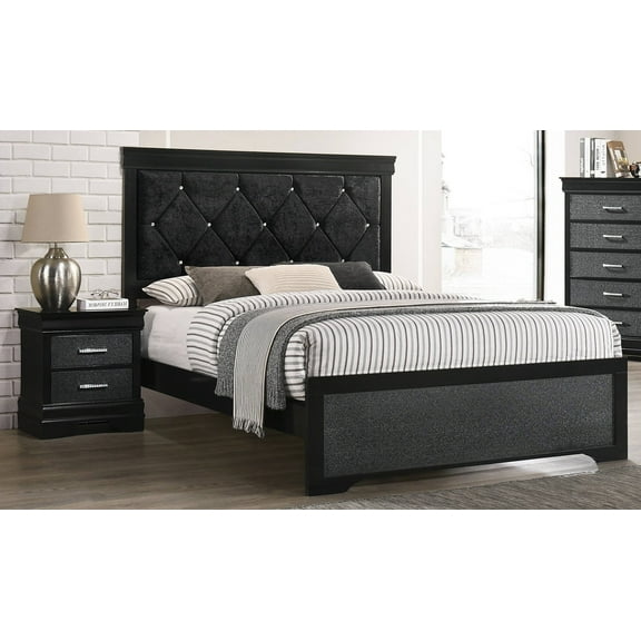 3Pc Black Finish Twin Size Panel Upholstered Button Tufted Headboard Bed Nightstand Set Wooden Bedroom Furniture