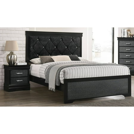 3Pc Black Finish King Size Panel Upholstered Button Tufted Headboard Bed Nightstand Set Wooden Bedroom Furniture