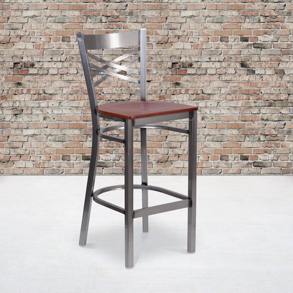 Emma Oliver 2 Pack Clear Coated "X" Back Metal Restaurant Barstool - Cherry Wood Seat