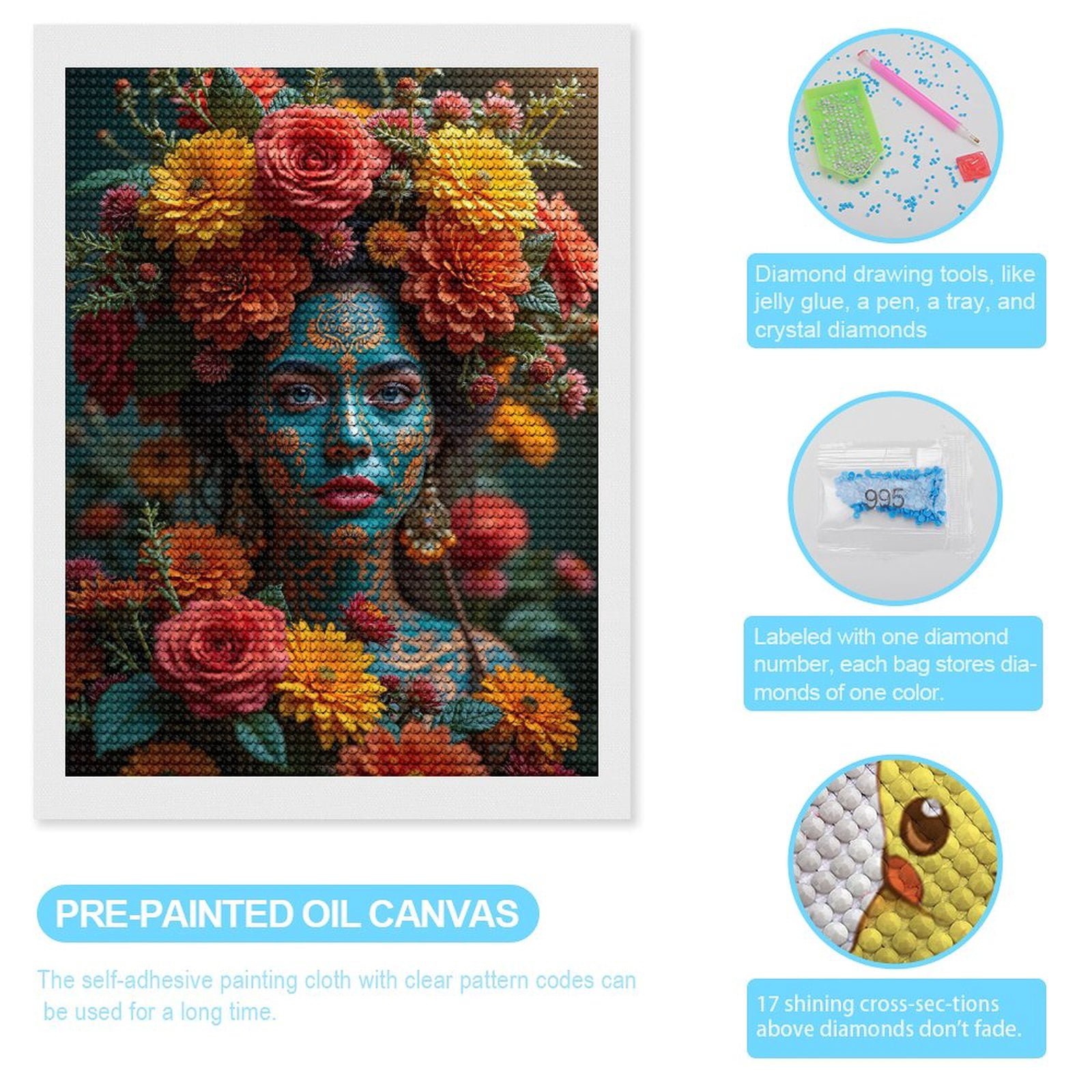 Diamond Art Kits for Adults, Floral Headpiece Face Paint Portrait 5D Diamond Painting Kits for Adults Beginners, DIY Full Drill Diamond Painting, Gem Art and Crafts 12x16