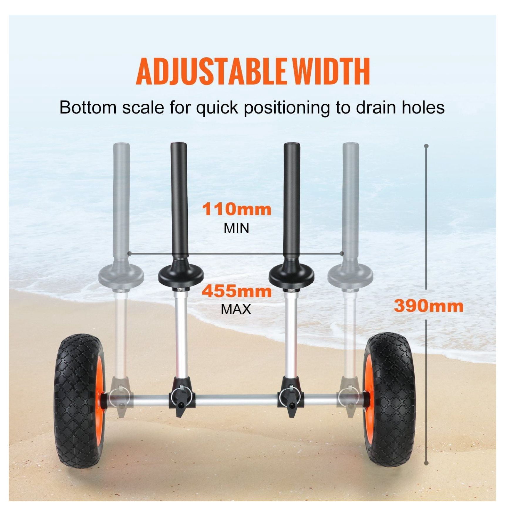 Kayak Cart Heavy Duty 280lbs Capacity - Canoe Trolley with 10'' Tires, Adjustable Width, Foam Padding - for Kayaks with 2.54cm+ Drain Holes