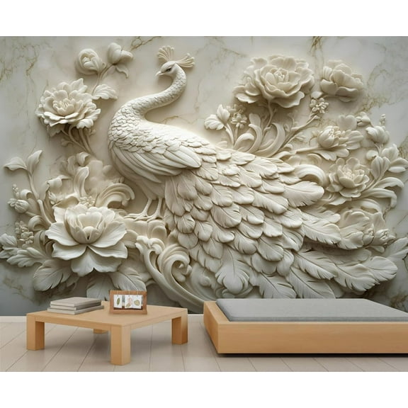 Relief Animal Phoenix And Flowers Wall Mural, Abstract Marble Background Wallpaper, Nordic Modern Art Wallpaper Wall Decals For Bedroom Living Room 55"W x 28"H (Not Peel and Stick)