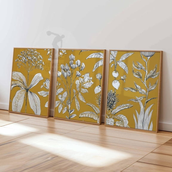 Mustard Yellow Botanical Trio Vintage Plant Modern Kitchen Wall Art Set 3 Unframed Paper Print 8x12