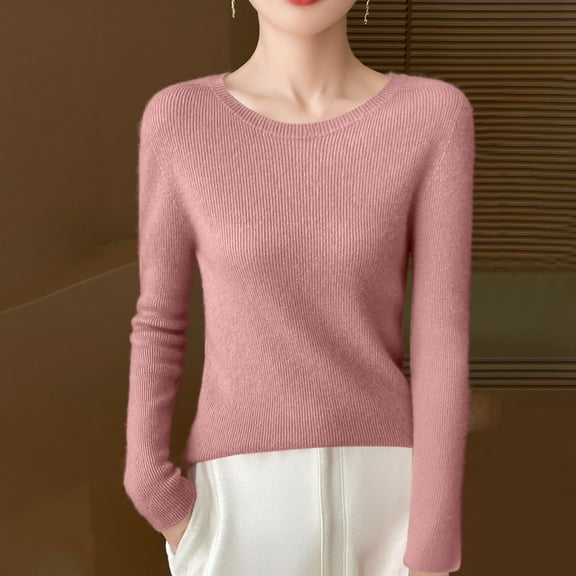 Vetsdori Womens Holiday Sweaters Pink Soft Pullover Crewneck Solid Color Warm Sweaters for Women