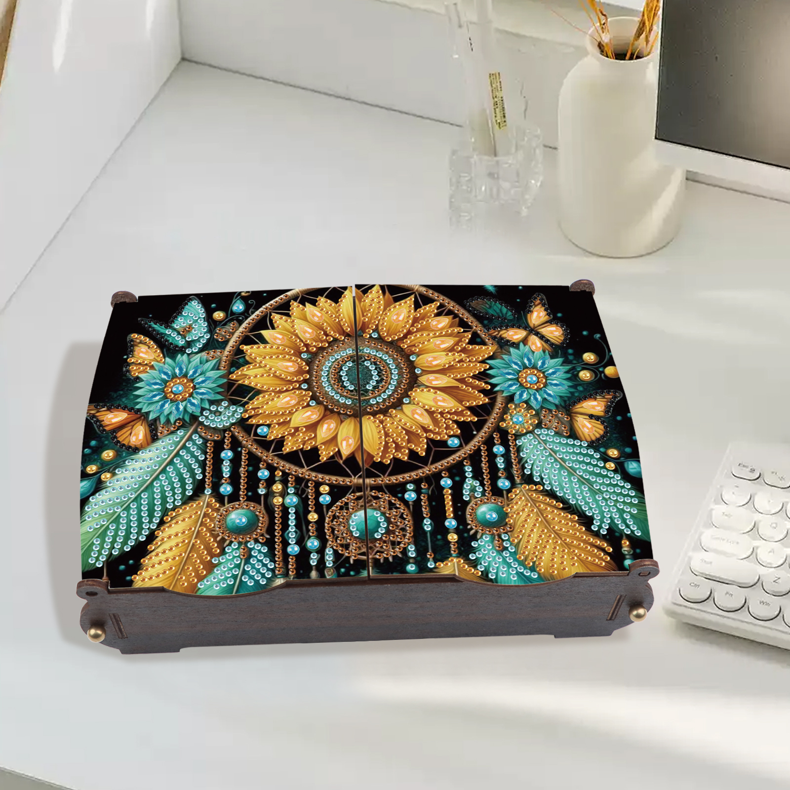 Diamond Painting Kit Storage Box, Sunflower Dreamcatcher DIY Multi-Functional Craft Storage Box, Suitable for Home Office Holiday Gifts