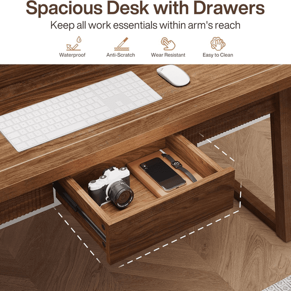 Mid-Century Modern Executive Desk - 55.1"W×27.6"D×30.7"H, Solid Wood Legs, 400lbs Capacity, Walnut Brown - for Home Office & Study