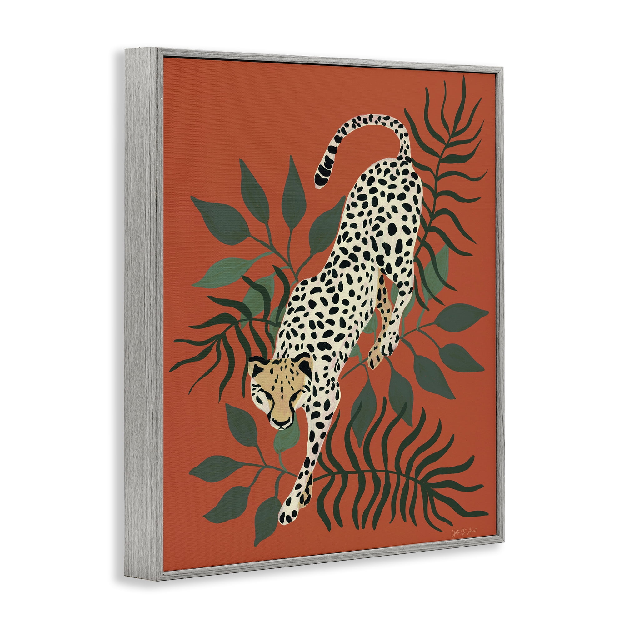 Stupell Industries Stepping Cheetah & Leaves Animals & Insects Painting Gray Framed Art Print Wall Art, 24 x 30