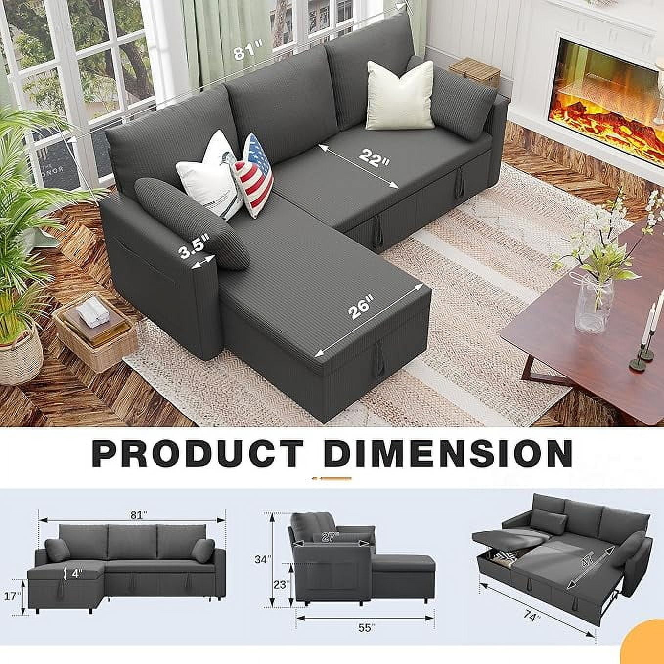Betisef Sleeper Soft Bed,Pull Out Couch Bed with Storage Chaise,Iron Frame Soft Futon Sofa,Convertible Sleeper Couch for Living Room/Apartment/Office. (Corduroy L-Shape, Dark Gray)