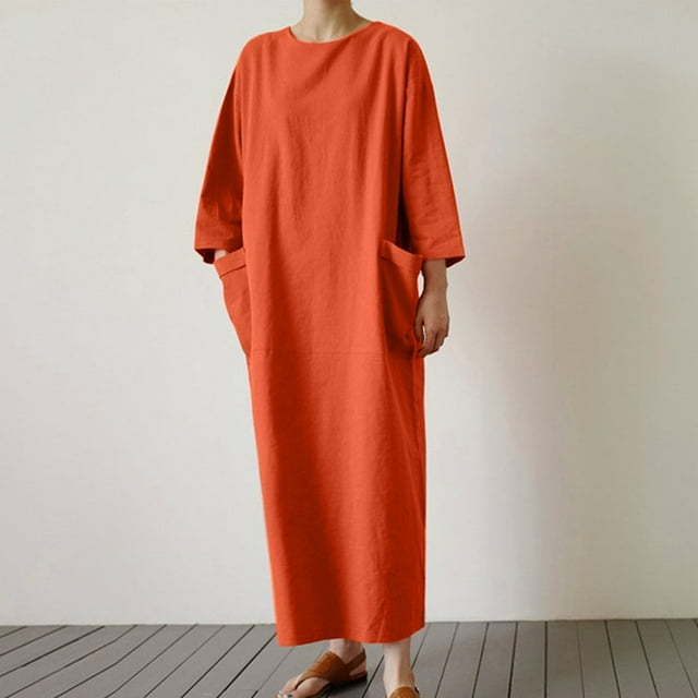 Fankiway Robe Décontractée en Coton et Lin à Col en V pour Femmes Printemps et Été avec Poches, Manches Courtes